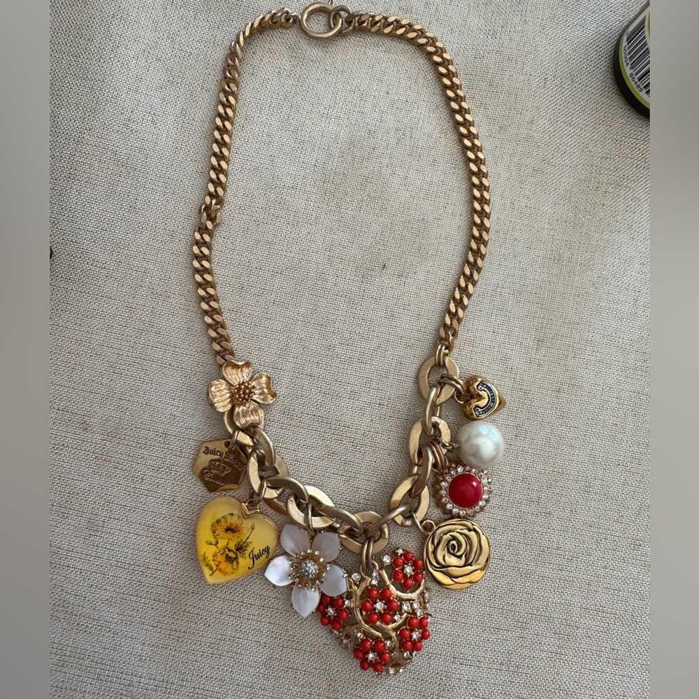 Juicy Couture Gold Charm Necklace with Red and Yellow Accents